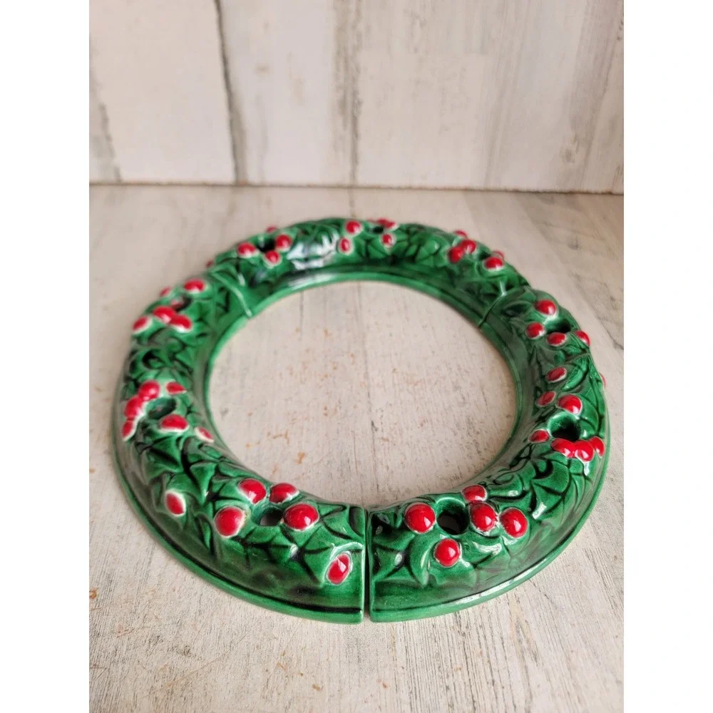 Vintage ceramic wreath centerpiece candle holder Xmas set mistletoe home